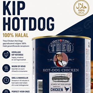Theo Chicken Hot Dog blik met 32 halal kip hotdogs Theo Chicken Hot Dog blik met 32 halal kip hotdogs
