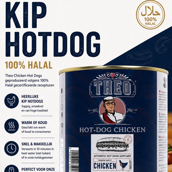 Theo Chicken Hot Dog blik met 32 halal kip hotdogs Theo Chicken Hot Dog blik met 32 halal kip hotdogs